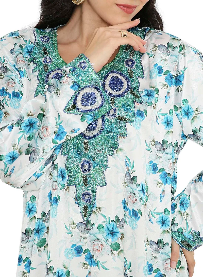 HANA & SARA CREATIVE HAND BEADED LONG MODEST FLORAL PRINTED ARABIC FARASHA KAFTAN JALABIYA DRESSES