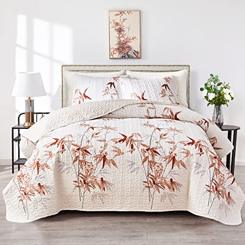 Flysheep Botanical Quilt Set 3 Piece Full/Queen, Burnt Orange Leaves on White Design Reversible Bedspread Coverlet Set, Soft Microfiber Lightweight Bed Cover for All Season (90" x 90", 1 Quilt+ 2 Pillow Shams) - Image 1