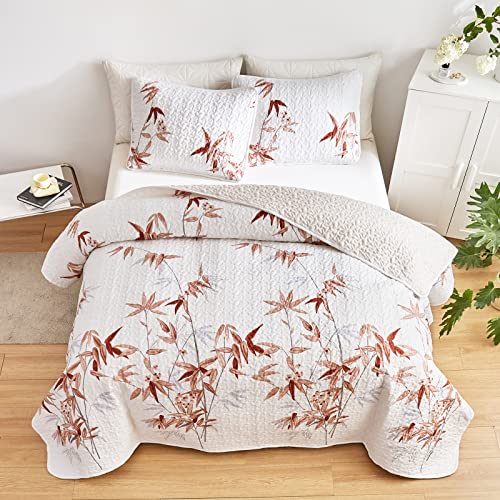 Flysheep Botanical Quilt Set 3 Piece Full/Queen, Burnt Orange Leaves on White Design Reversible Bedspread Coverlet Set, Soft Microfiber Lightweight Bed Cover for All Season (90" x 90", 1 Quilt+ 2 Pillow Shams) - Image 4