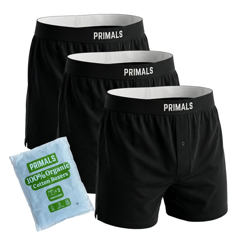 PRIMALS 100% Organic Cotton Boxers - Improves Testosterone & Fertility - Soft & Breathable - Midnight Black (3 Pack) (US, Alpha, Medium, Regular, Regular, Midnight Black) - Image 1