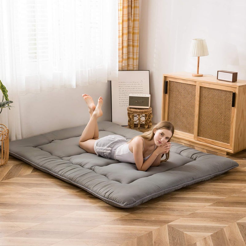 MAXYOYO Japanese Shiki Futon Mattress Floor Mattress Thicken Tatami Mat Sleeping Pad Roll Up Mattress Floor Lounger Bed Folding Couch Bed Mattress Pad for Guest Room Charcoal Grey King