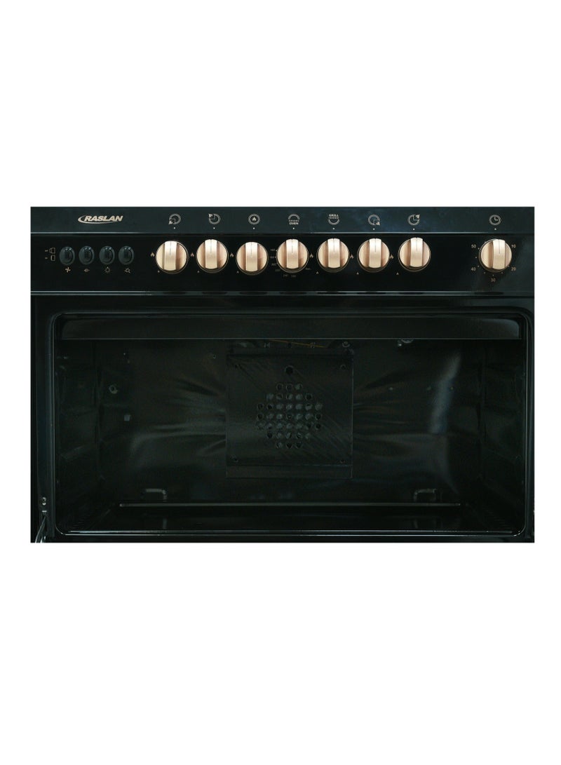 Ruslan Raslan Gas Oven 5 Burners 60x90 Stainless Steel Top, Black Sides, Fan for Even Heat, Rotisserie, Auto Ignition, Thermostat, Timer, Glass Lid, Golden Knobs, Storage Drawer, Model 9905RM-N Premium Choice - Image 4