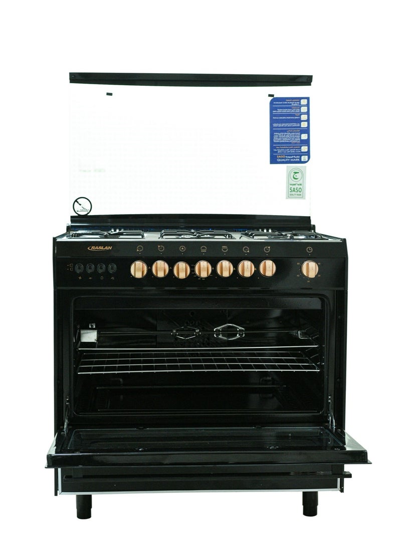 Ruslan Raslan Gas Oven 5 Burners 60x90 Stainless Steel Top, Black Sides, Fan for Even Heat, Rotisserie, Auto Ignition, Thermostat, Timer, Glass Lid, Golden Knobs, Storage Drawer, Model 9905RM-N Premium Choice - Image 1