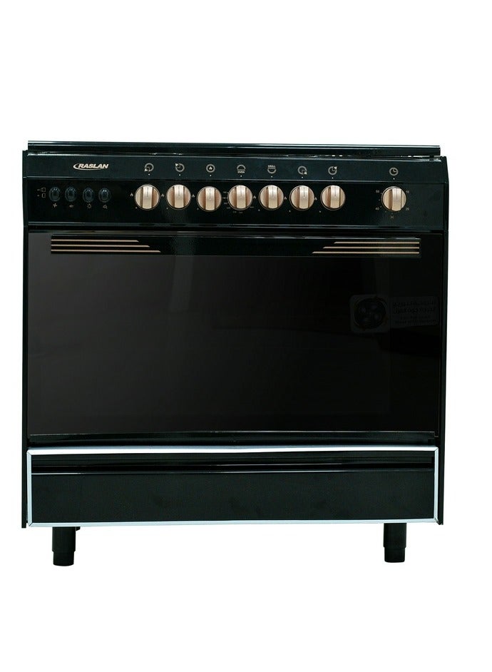 Ruslan Raslan Gas Oven 5 Burners 60x90 Stainless Steel Top, Black Sides, Fan for Even Heat, Rotisserie, Auto Ignition, Thermostat, Timer, Glass Lid, Golden Knobs, Storage Drawer, Model 9905RM-N Premium Choice - Image 2