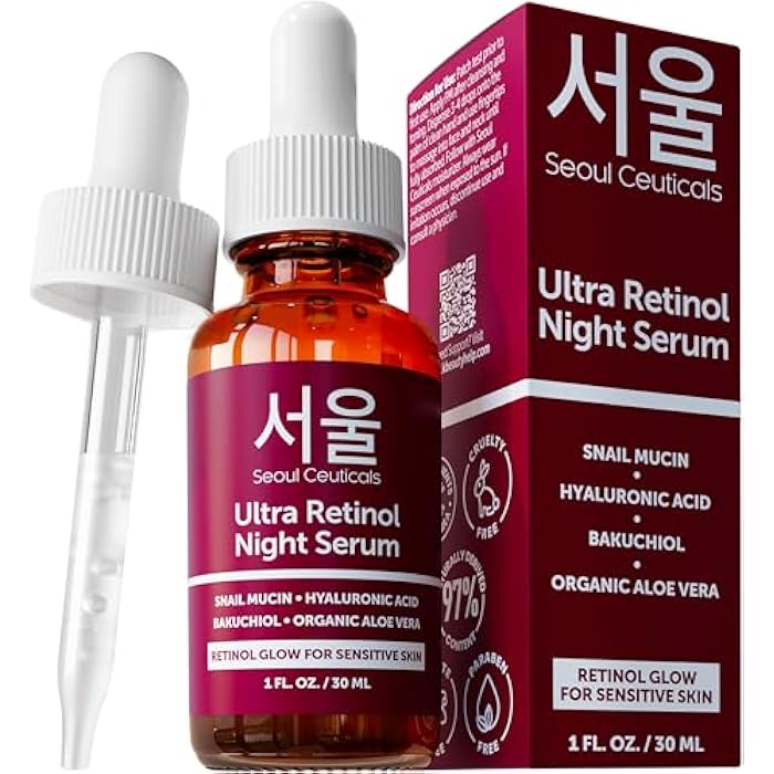 SeoulCeuticals 1% Korean Retinol Night Serum for Face - 97.5% Snail Mucin + Hyaluronic Acid + Bakuchiol, Cruelty Free K Beauty for Sensitive Skin 1oz - Image 1