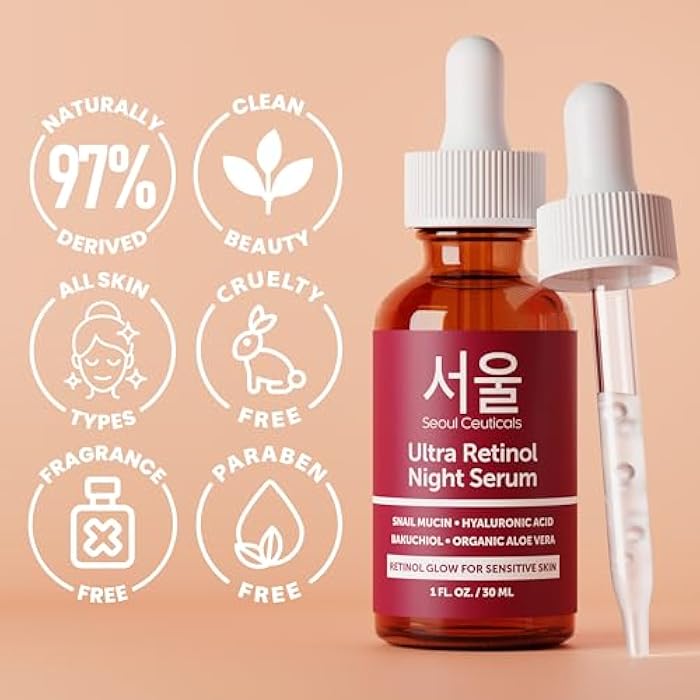 SeoulCeuticals 1% Korean Retinol Night Serum for Face - 97.5% Snail Mucin + Hyaluronic Acid + Bakuchiol, Cruelty Free K Beauty for Sensitive Skin 1oz - Image 5