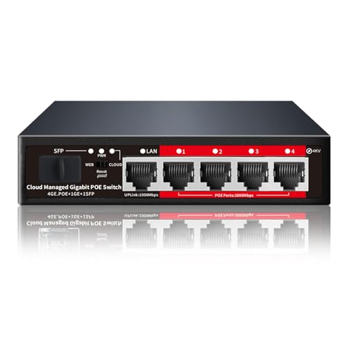 STEAMEMO Poe Switch, 5 Port Gigabit PoE+ Switch, Cloud Managed Gigabit Ethernet Switch, 4 Poe Ports @52W, 1 Uplink Ports, 1 SFP Slot, APP Smart Managed, Overload Protection w/ Port - Image 1