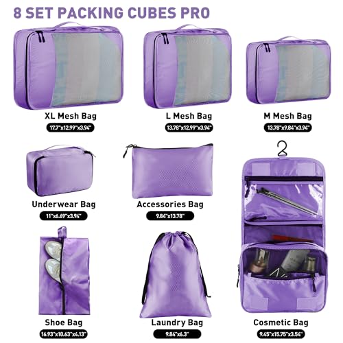 Toncoke 8-Piece Packing Cubes for Travel, Mesh Luggage Organizers with Shoe Bag, Toiletry Bag, Laundry Pouches, 4 Sizes (XL/L/M/S) for Suitcase Organization, Men Women Kids, Purple - Image 2