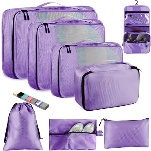 Toncoke 8-Piece Packing Cubes for Travel, Mesh Luggage Organizers with Shoe Bag, Toiletry Bag, Laundry Pouches, 4 Sizes (XL/L/M/S) for Suitcase Organization, Men Women Kids, Purple - Image 1