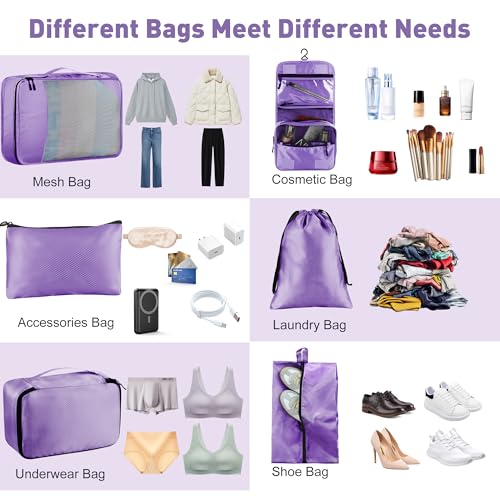 Toncoke 8-Piece Packing Cubes for Travel, Mesh Luggage Organizers with Shoe Bag, Toiletry Bag, Laundry Pouches, 4 Sizes (XL/L/M/S) for Suitcase Organization, Men Women Kids, Purple - Image 5