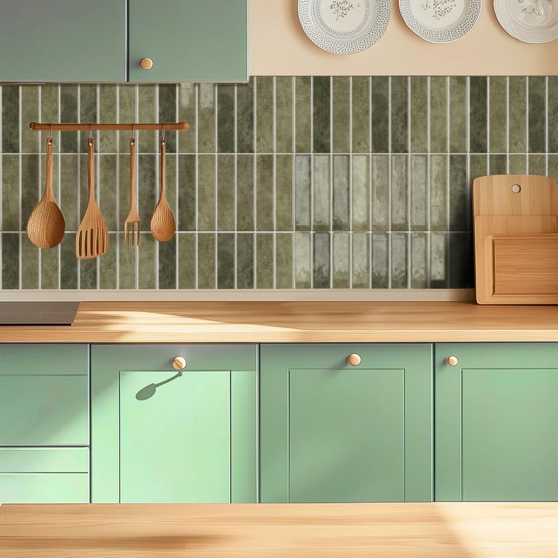 Alwayspon 10 Sheets 12x12inch Retro Green 3D Vinyl Backsplash Tiles, Self-Adhesive Peel and Stick Wall Tile Stickers Stick on Subway Tiles for Kitchen Bathroom Wall - Image 5