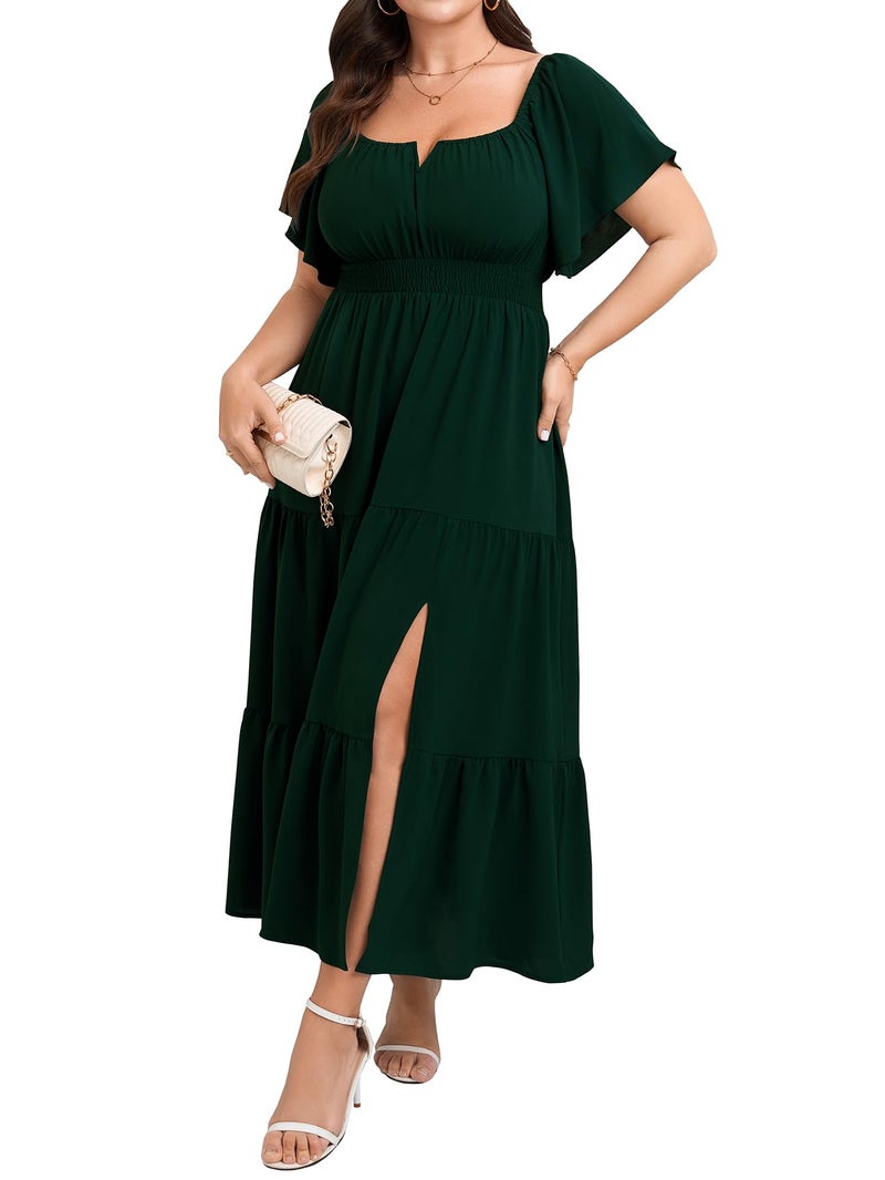 SCOMCHIC Womens Plus Size Maxi Dress Formal Short Sleeve Square Neck Smocked Side Split Flowy A Line Tiered Long Dress Emerald Green - Image 1