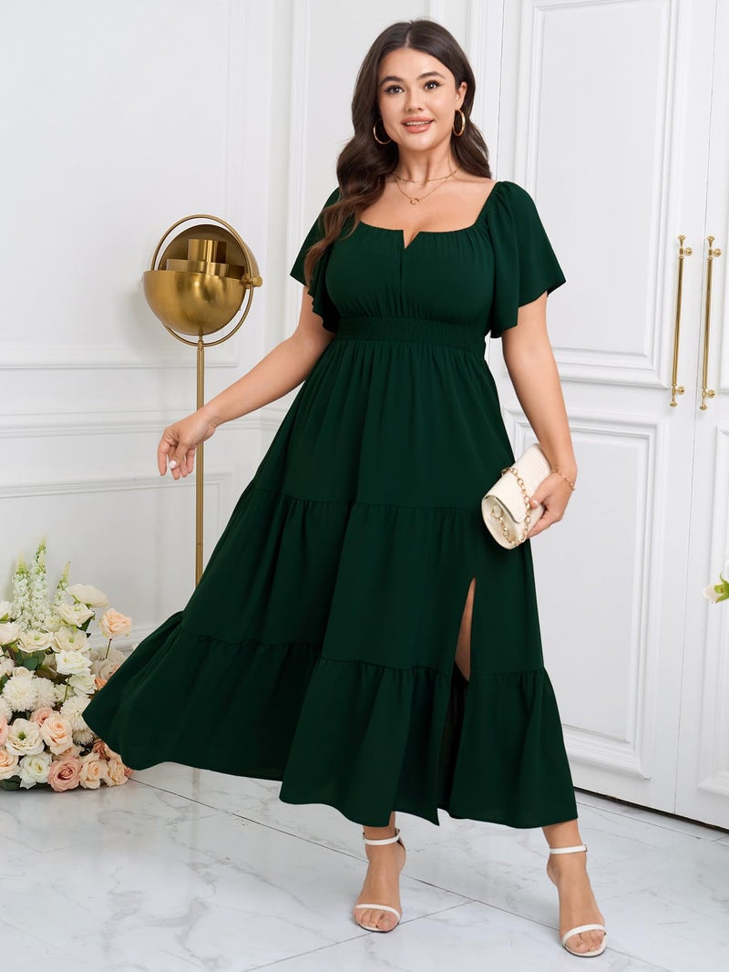 SCOMCHIC Womens Plus Size Maxi Dress Formal Short Sleeve Square Neck Smocked Side Split Flowy A Line Tiered Long Dress Emerald Green - Image 2