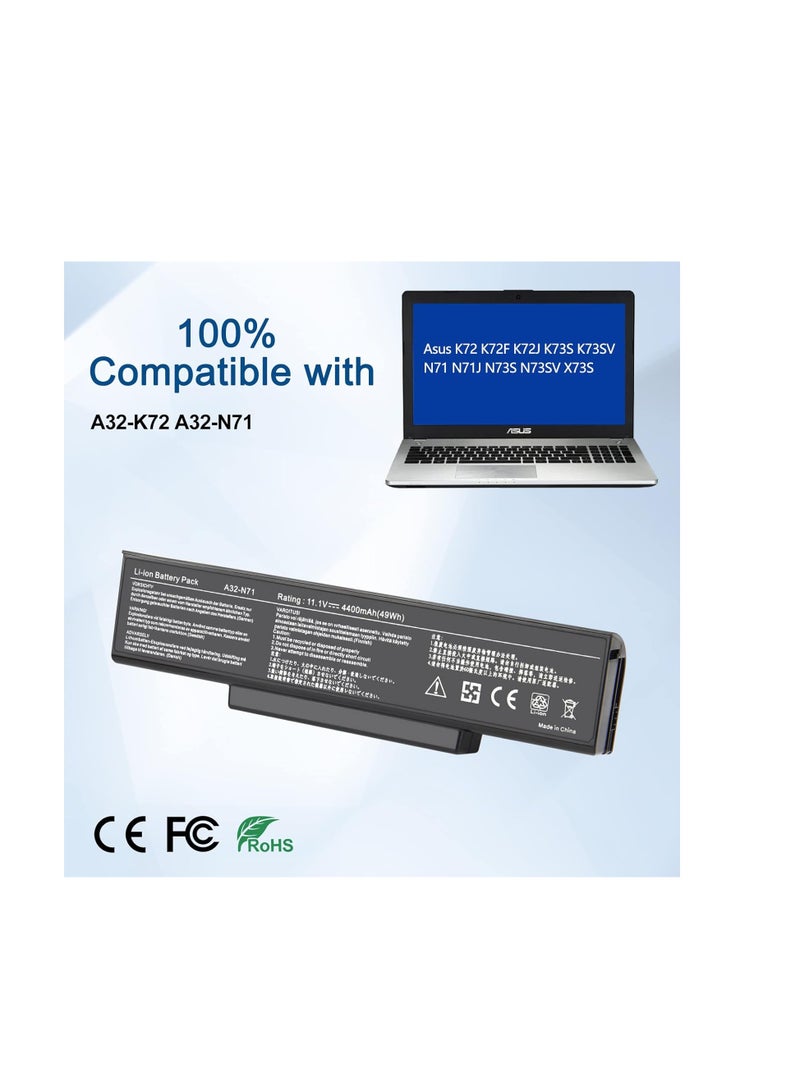 Terabyte 4400mAh Laptop Battery A32-K72 A32-N71 for Asus K72 K72F K72J K73S K73SV N71 N71J N73S N73SV X73S X77 A72 K72D K72DR K72DY K72JK K71 2JR K7 2JV N71JV N71V N73 N73J X73E X73 X73BY X73SD X73SV - Image 3