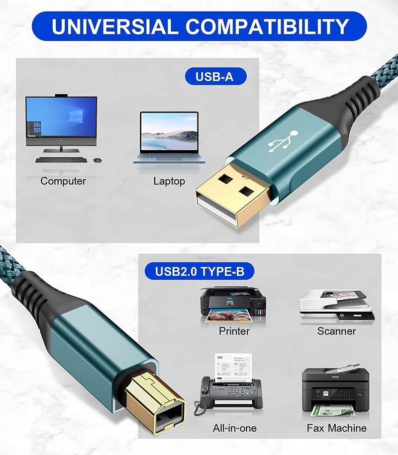 rts (3M / 9.84 Feet) USB 2.0 High Speed Printer Cable Nylon Braided A Male to B Male Compatible with Printers, Scanner Cable for Canon, Brother, Dell, Epson, HP, Samsung, Lexmark, Xerox Green - Image 2