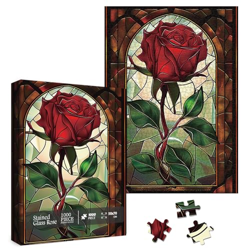 Larkipuzz Stained Glass Rose Puzzles for Adults 1000 Pieces Colorful Art Red Flower Jigsaw Puzzles Difficult Aesthetic Floral Nature Plant Puzzle - Image 1