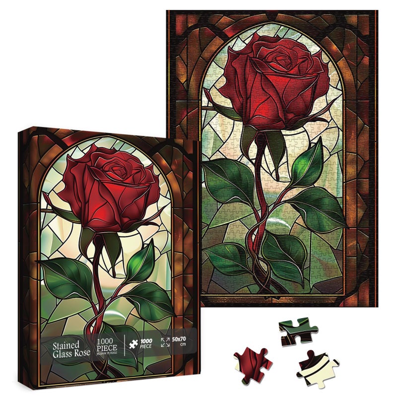 Larkipuzz Stained Glass Rose Puzzles for Adults 1000 Pieces Colorful Art Red Flower Jigsaw Puzzles Difficult Aesthetic Floral Nature Plant Puzzle - Image 3
