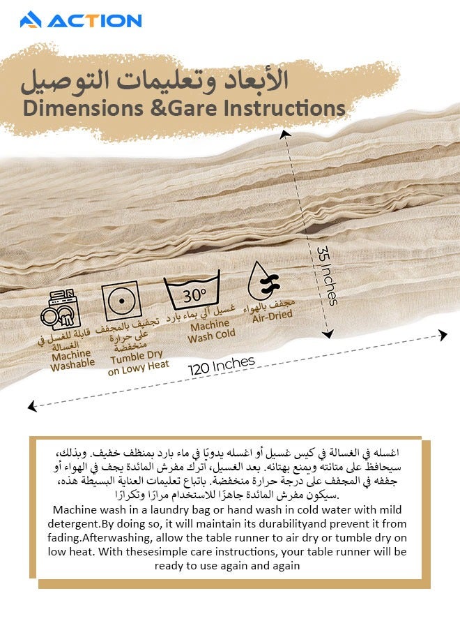 أكشن مفرش طاولة بيج بنمط بوهو لتزيين حفلات الزفاف مقاس 90 × 400 سم، مفرش طاولة من قماش موسلين بنمط ريفي من قماش الشاش لحفلات استقبال المولود واعياد الميلاد - Image 3