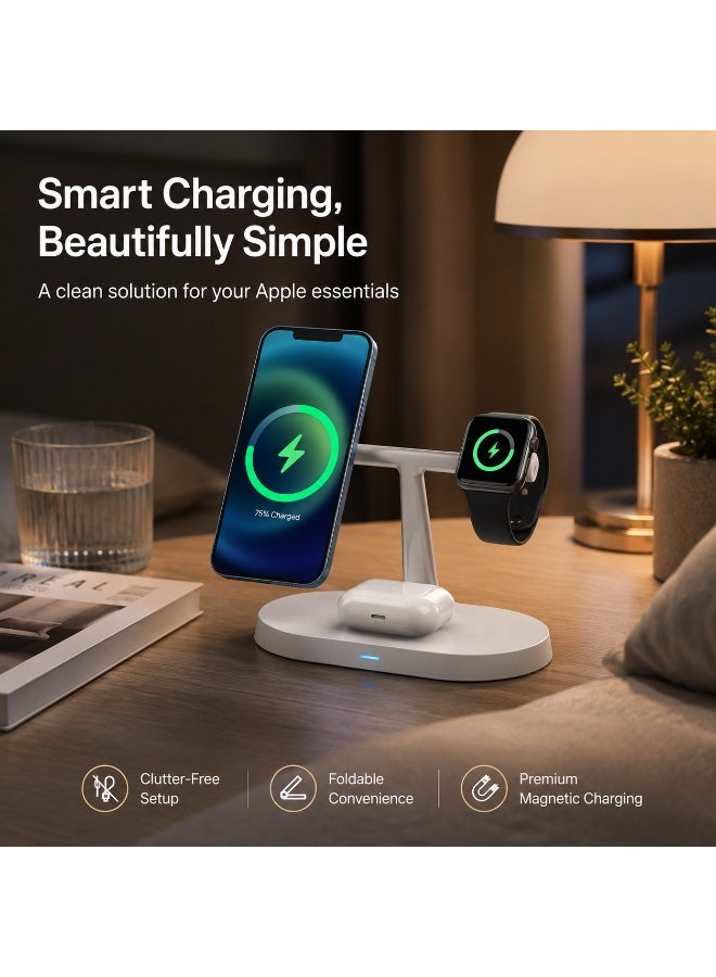 جروفميد حامل شاحن لاسلكي مغناطيسي 3 في 1، محطة شحن سريعة قابلة للطي 15 واط لأجهزة iPhone و Apple Watch و AirPods، قاعدة شحن لاسلكية متوافقة مع MagSafe للمنزل والمكتب والسفر - Image 3
