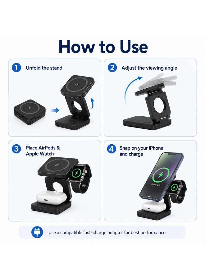 جروفميد حامل شاحن لاسلكي مغناطيسي 3 في 1، محطة شحن سريعة قابلة للطي 15 واط لأجهزة iPhone و Apple Watch و AirPods، قاعدة شحن لاسلكية متوافقة مع MagSafe للمنزل والمكتب والسفر - Image 4