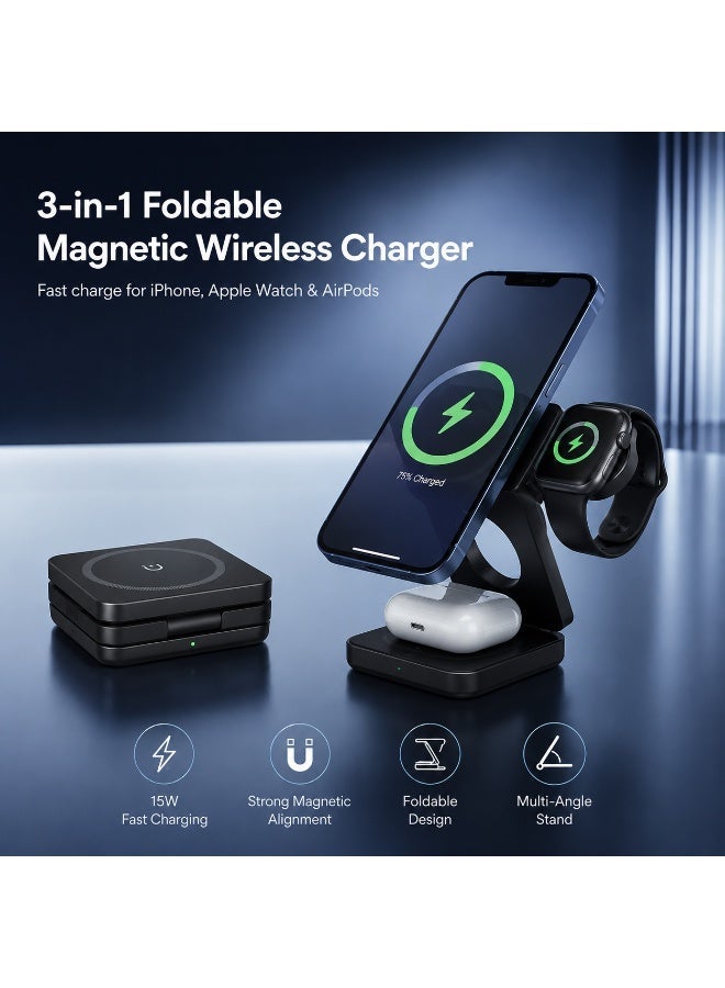 جروفميد حامل شاحن لاسلكي مغناطيسي 3 في 1، محطة شحن سريعة قابلة للطي 15 واط لأجهزة iPhone و Apple Watch و AirPods، قاعدة شحن لاسلكية متوافقة مع MagSafe للمنزل والمكتب والسفر - Image 1
