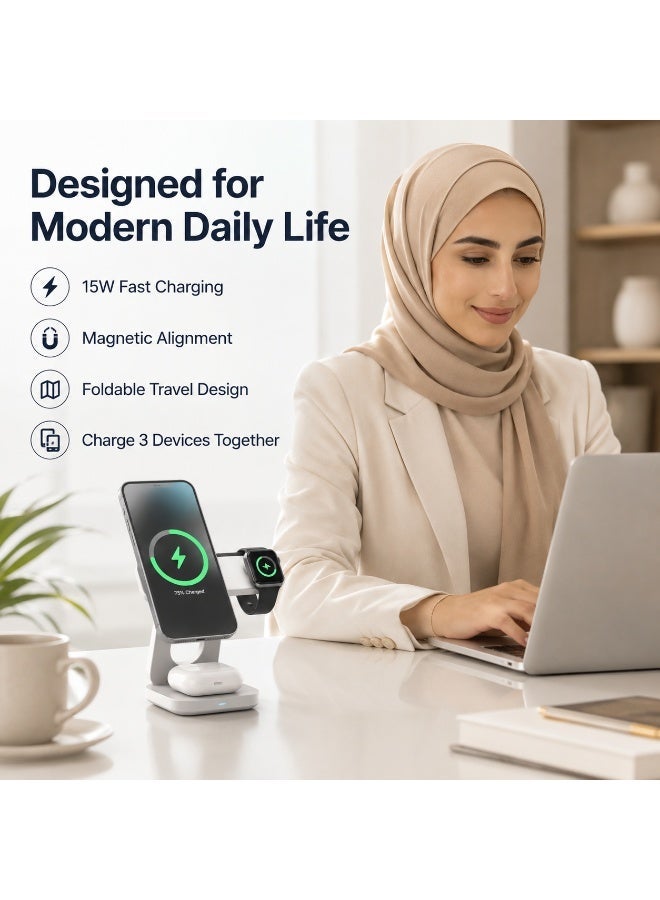 جروفميد حامل شاحن لاسلكي مغناطيسي 3 في 1، محطة شحن سريعة قابلة للطي 15 واط لأجهزة iPhone و Apple Watch و AirPods، قاعدة شحن لاسلكية متوافقة مع MagSafe للمنزل والمكتب والسفر - Image 2