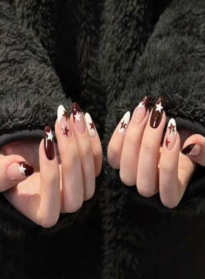 TOGZOM 24pcs Star Press on Nails Medium Almond Fake Nails Brown White False Nails with French Tip Glue on Nail Glossy Full Cover Reusable Artificial Acrylic Stick on Nail for Women Manicure - Image 1