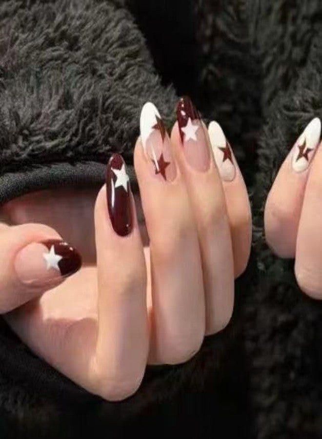 TOGZOM 24pcs Star Press on Nails Medium Almond Fake Nails Brown White False Nails with French Tip Glue on Nail Glossy Full Cover Reusable Artificial Acrylic Stick on Nail for Women Manicure - Image 3