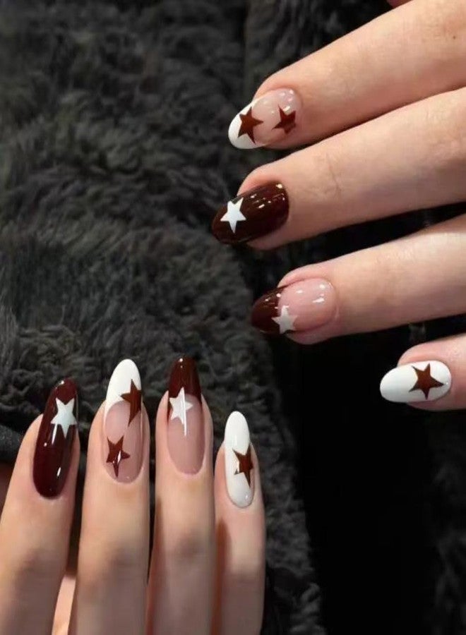 TOGZOM 24pcs Star Press on Nails Medium Almond Fake Nails Brown White False Nails with French Tip Glue on Nail Glossy Full Cover Reusable Artificial Acrylic Stick on Nail for Women Manicure - Image 2