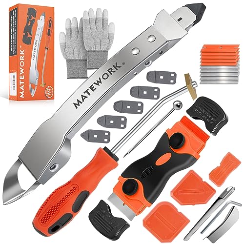 Matework Caulking Tool Kit, Matework Stainless Steel Caulk Remover Caulking Tool Set with Cut Resistant Gloves, Scraper, Silicone Caulking Tools, 4 in 1 Caulking Finishing Tool for Bathroom Kitchen Living Room - Image 1