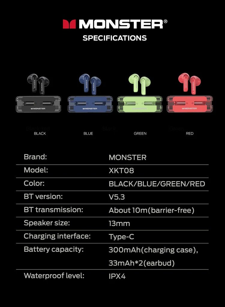 Monster XKT08 Wireless Bluetooth Earbuds Gaming Headphones Deep Bass Low Latency Game Headset with Built-in Microphone For Gaming Noise Canceling Headsets - Image 5