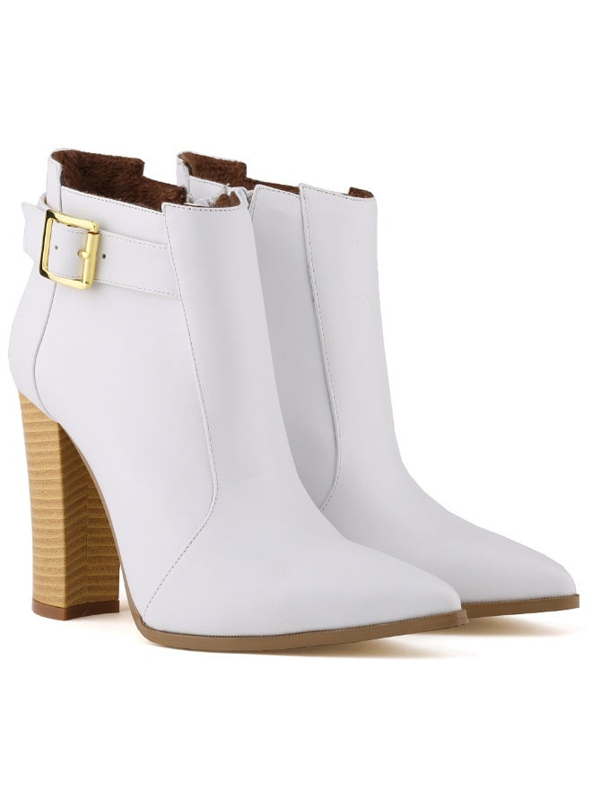 Loquat Autumn/Winter Pointed Toe Wood Grain Block Heel Ankle Boots 11cm White  - Image 1