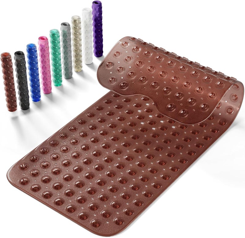 Krussier Non-Slip Bath Tub Mat, 39x16 Inch Extra Large Shower Mat with Drain Holes & Suction Cups, Machine Washable, Clear Brown - Image 1