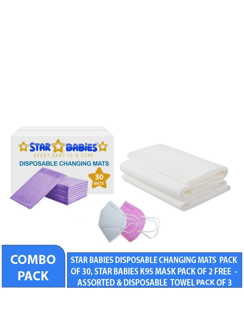 STAR BABiES Combo Pack Pack Changing Mat 30Pcs Disposable Towel 3Pcs Kn95 Lavender - Image 1