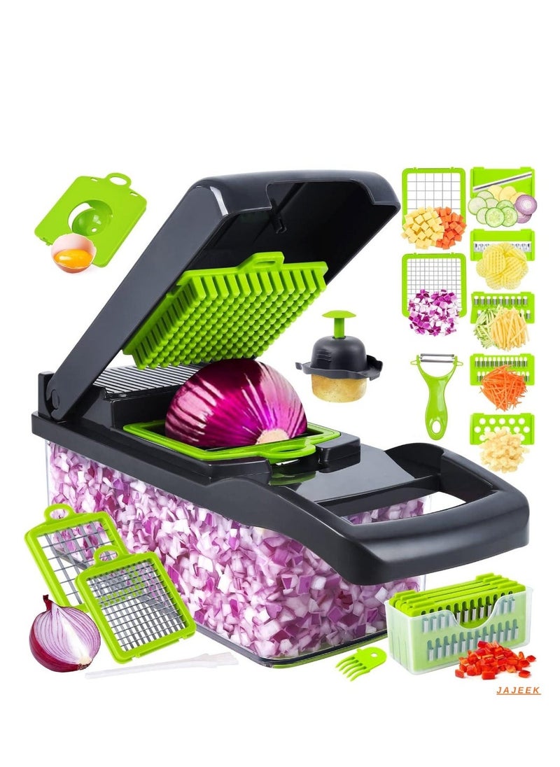 JAJEEK قطاعة خضار احترافية 14 في 1 – آلة تقطيع خضار متعددة الوظائف، 8 شفرات للجزر، الثوم، وأكثر، تشمل حاوية للتقطيع، رمادي - Image 1