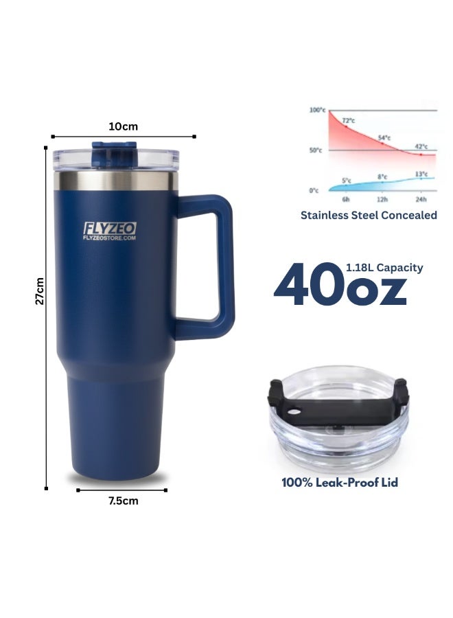 FLYZEO 40oz Stainless Steel Insulated Tumbler – Double Wall Vacuum Flask with Handle & Straw Lid | Hot & Cold for 18 Hours | Leakproof, BPA-Free & Eco-Friendly Travel Mug -  BLUE - Image 5