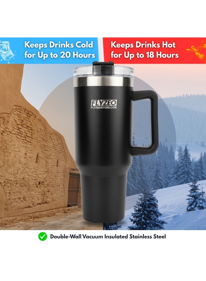FLYZEO 40oz Stainless Steel Insulated Tumbler – Double Wall Vacuum Flask with Handle & Straw Lid | Hot & Cold for 18 Hours | Leakproof, BPA-Free & Eco-Friendly Travel Mug -  BLUE - Image 2