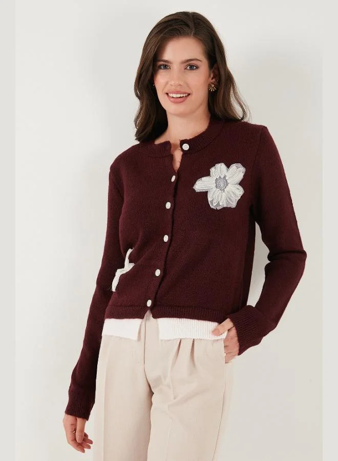 Lela Lela Premium Tulle Flower Detailed Regular Fit Crew Neck Buttoned Knitwear Cardigan Women's CARDIGAN 680HI002421