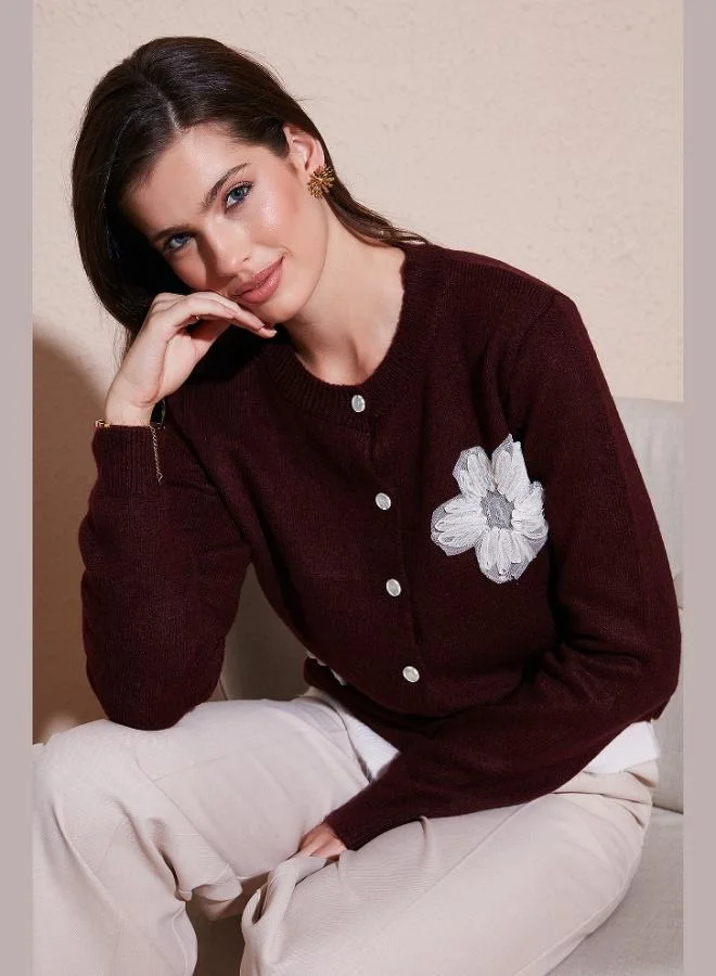 Lela Lela Premium Tulle Flower Detailed Regular Fit Crew Neck Buttoned Knitwear Cardigan Women's CARDIGAN 680HI002421