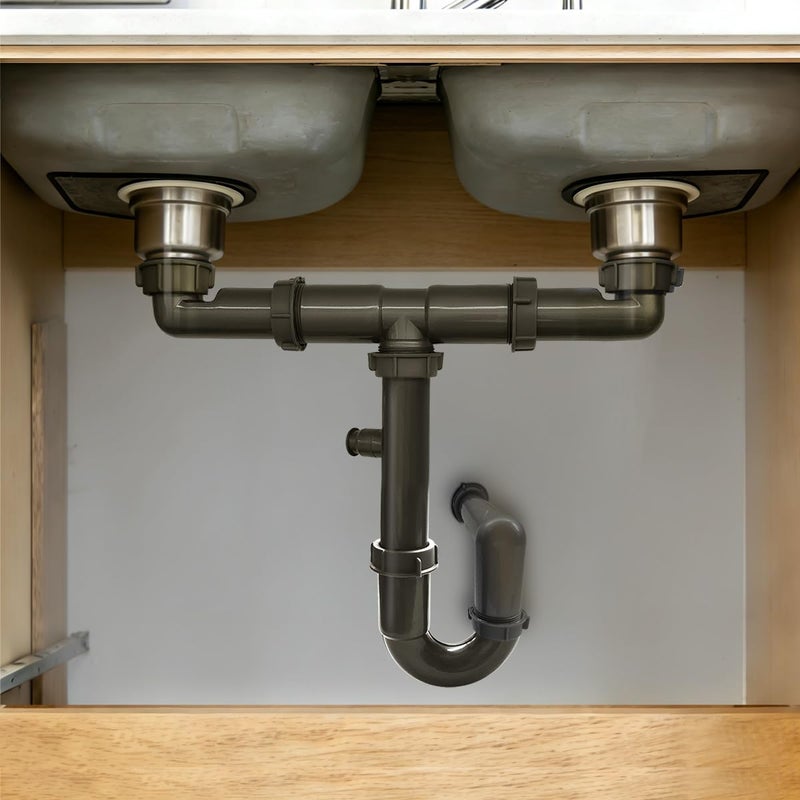 TGEOND 1-1/2" Double Sink Drain Pipe Kit with P-Trap, Wall-Outlet, Complete Plumbing Replacement for Double Kitchen Sinks - Image 5