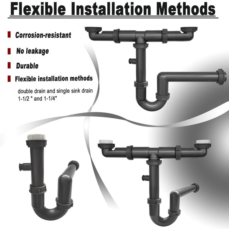 TGEOND 1-1/2" Double Sink Drain Pipe Kit with P-Trap, Wall-Outlet, Complete Plumbing Replacement for Double Kitchen Sinks - Image 4