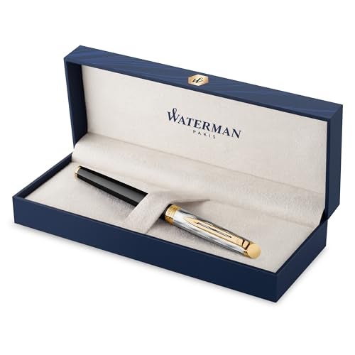 Waterman Hémisphère Rollerball Pen, Reflections of Paris, Metal & Black Lacquer with Gold Trim & Chiseled Cap, Fine Tip, Black Ink, Gift Box - Image 1