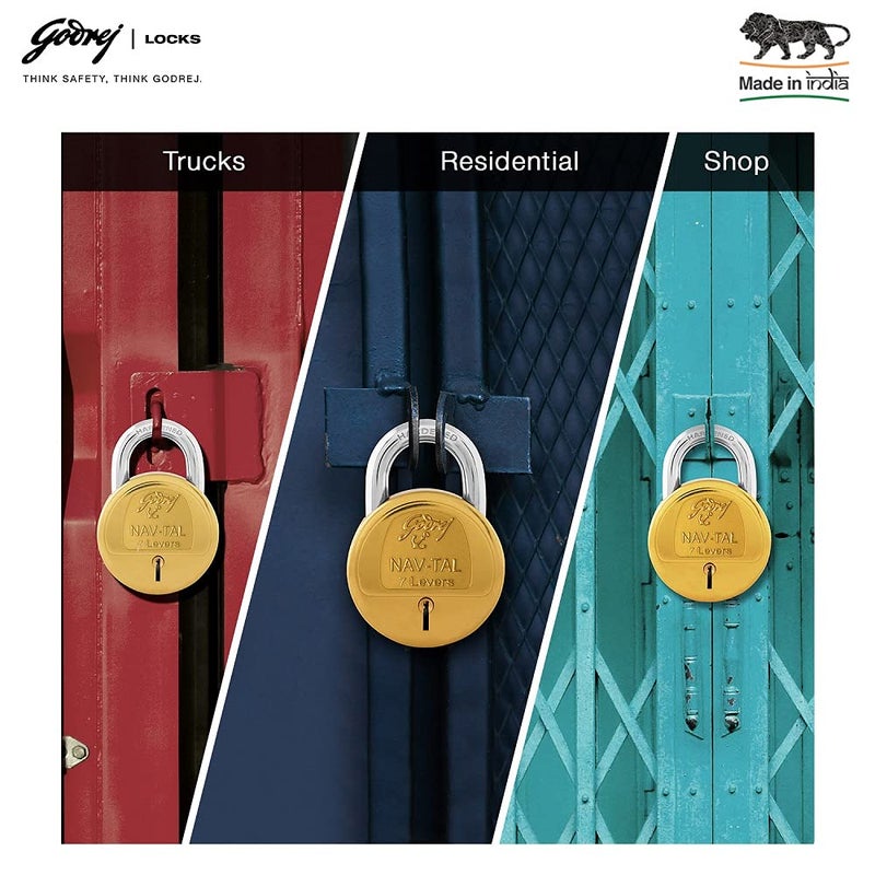 Godrej Locking Solutions and Systems Godrej Locks I Navtal 7 levers 65 mm I 4 Keys I Padlock for Main Door I Gate Lock I Tool Box Shutters Shops Offices I Strong Hardened Corrosion Resistant Shackle I Brass Material Brass Finish  - Image 3