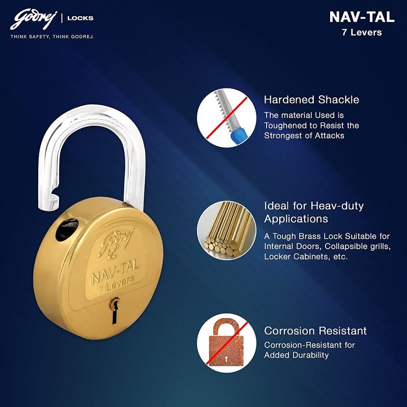 Godrej Locking Solutions and Systems Godrej Locks I Navtal 7 levers 65 mm I 4 Keys I Padlock for Main Door I Gate Lock I Tool Box Shutters Shops Offices I Strong Hardened Corrosion Resistant Shackle I Brass Material Brass Finish  - Image 4