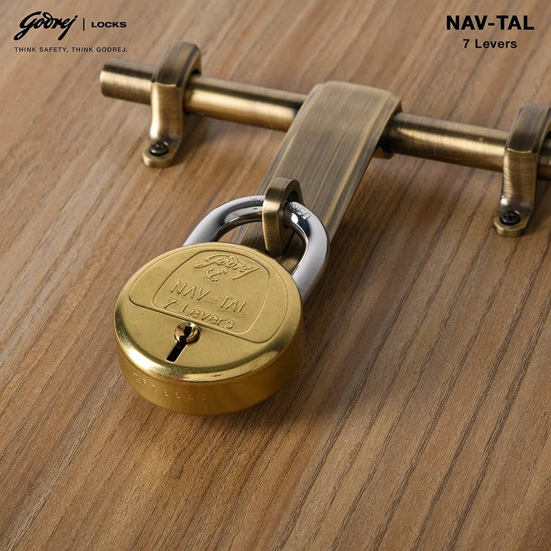 Godrej Locking Solutions and Systems Godrej Locks I Navtal 7 levers 65 mm I 4 Keys I Padlock for Main Door I Gate Lock I Tool Box Shutters Shops Offices I Strong Hardened Corrosion Resistant Shackle I Brass Material Brass Finish  - Image 2