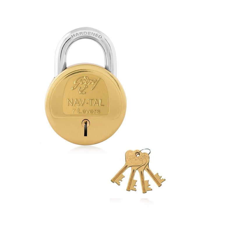 Godrej Locking Solutions and Systems Godrej Locks I Navtal 7 levers 65 mm I 4 Keys I Padlock for Main Door I Gate Lock I Tool Box Shutters Shops Offices I Strong Hardened Corrosion Resistant Shackle I Brass Material Brass Finish  - Image 1