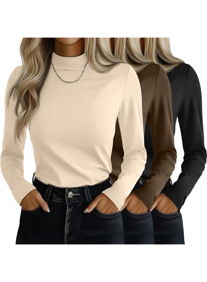 Ficerd 3 Pack Women's Mock Turtleneck Shirts, Long Sleeve Mock Neck Pullover Tops Slim Fitted Stretch Undershirt Tee Blouse (Black, Brown, Apricot,XX-Large) - Image 1