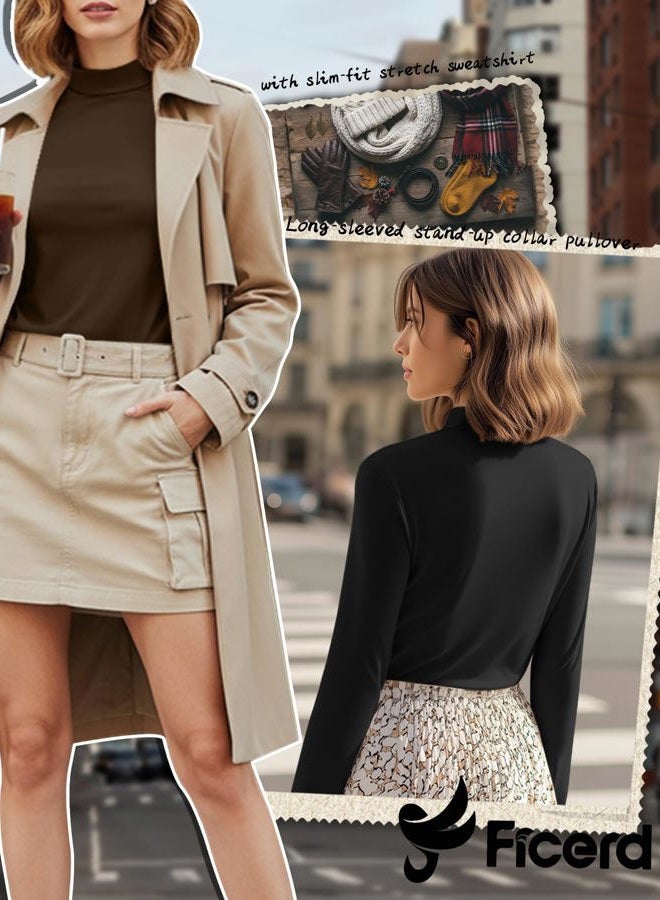 Ficerd 3 Pack Women's Mock Turtleneck Shirts, Long Sleeve Mock Neck Pullover Tops Slim Fitted Stretch Undershirt Tee Blouse (Black, Brown, Apricot,XX-Large) - Image 4