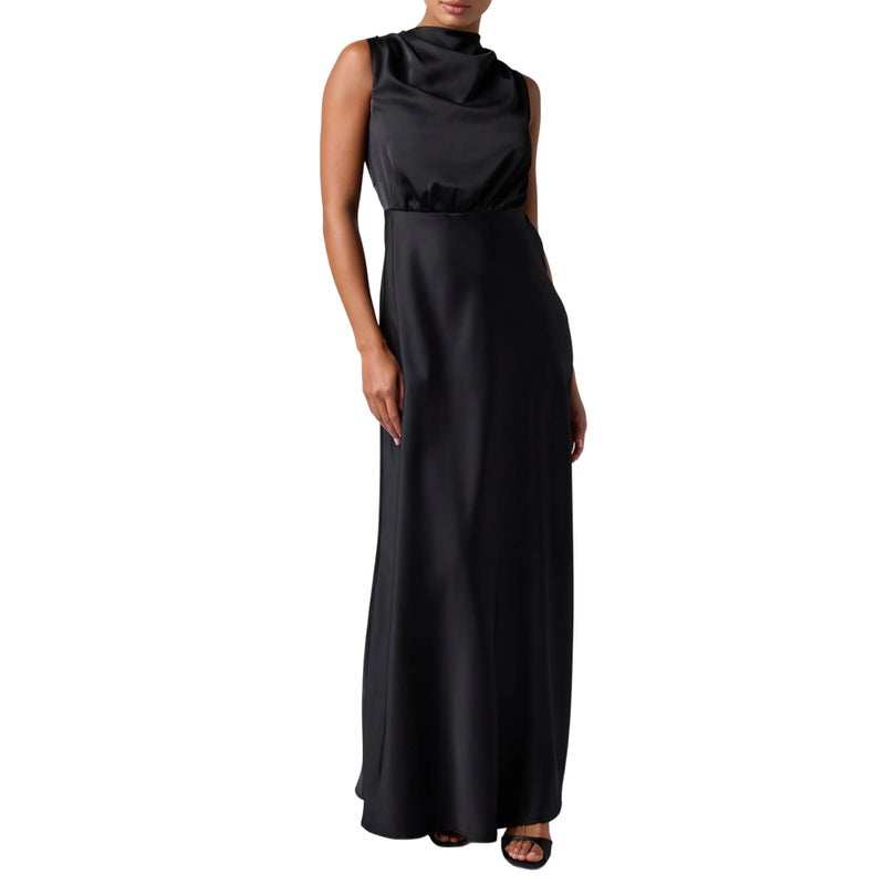 Lulus Ada Satin Maxi Dress Womenâ€™s Sleeveless Mock Neck Cocktail Dress with A-Line Skirt and Back Cutout Black - Image 1