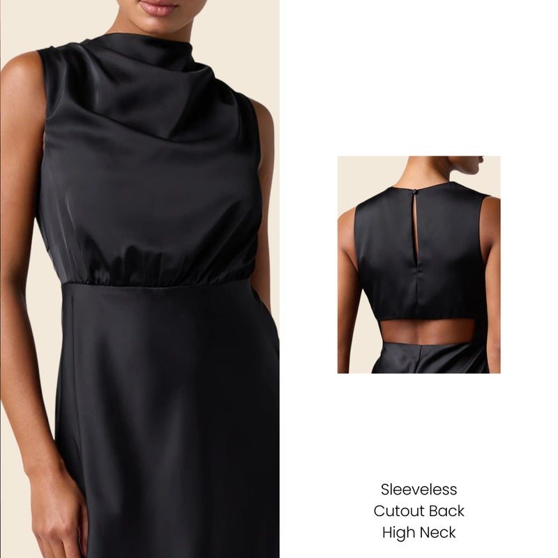 Lulus Ada Satin Maxi Dress Womenâ€™s Sleeveless Mock Neck Cocktail Dress with A-Line Skirt and Back Cutout Black - Image 3